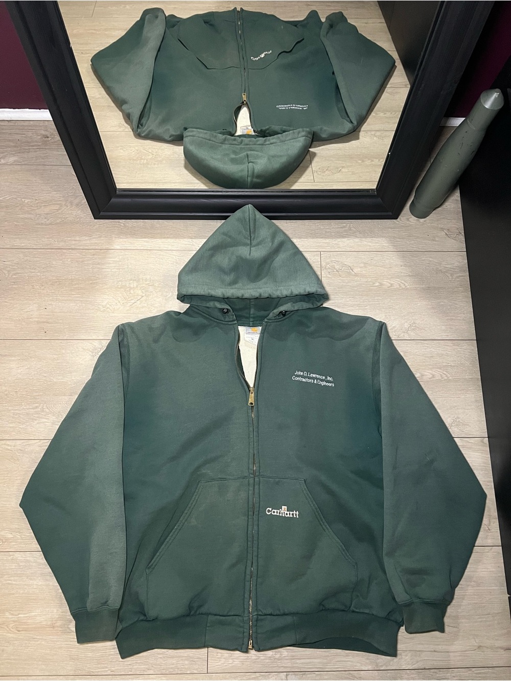 Vintage 1990s Carhartt K129 HTG Hunter Green Thermal Lined Embroidered Zip Up Ho